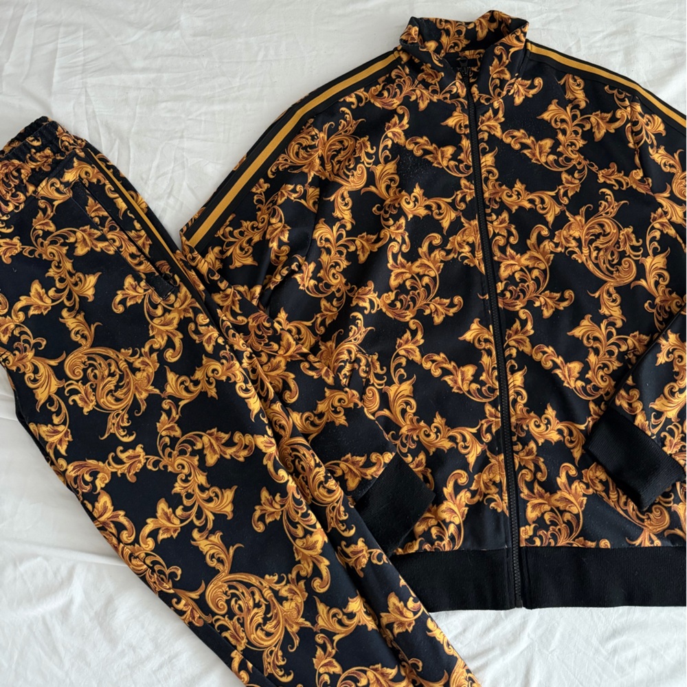 Black and Gold Baroque Print Jacket and Pants Versace